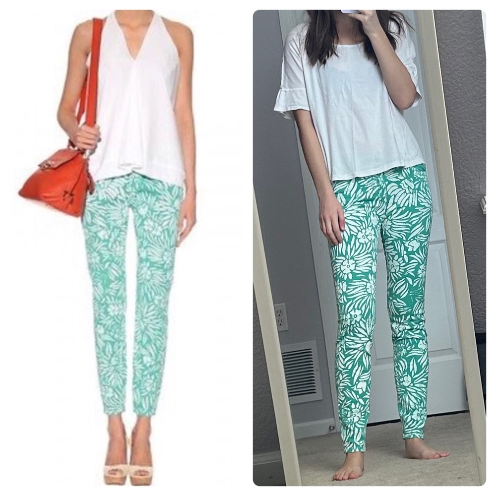 DVF loves Current Elliott classic green with white stencil print skinny jeans
